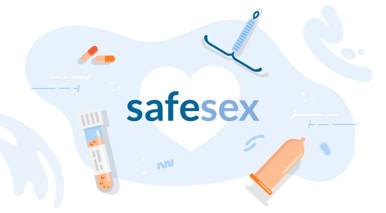 The words "Safe Sex" surrounded by cartoons of various safe-sex tools and methods, such as birth control, external condoms, an IUD, and a test tube.