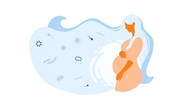 An illustration of a mother with flowing hair, cradling her pregnant belly with care.