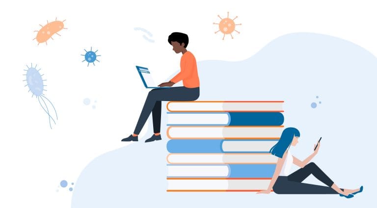 Illustration of college students sitting on an oversized stack of books, tiny cartoon viruses and bacteria floating around them.