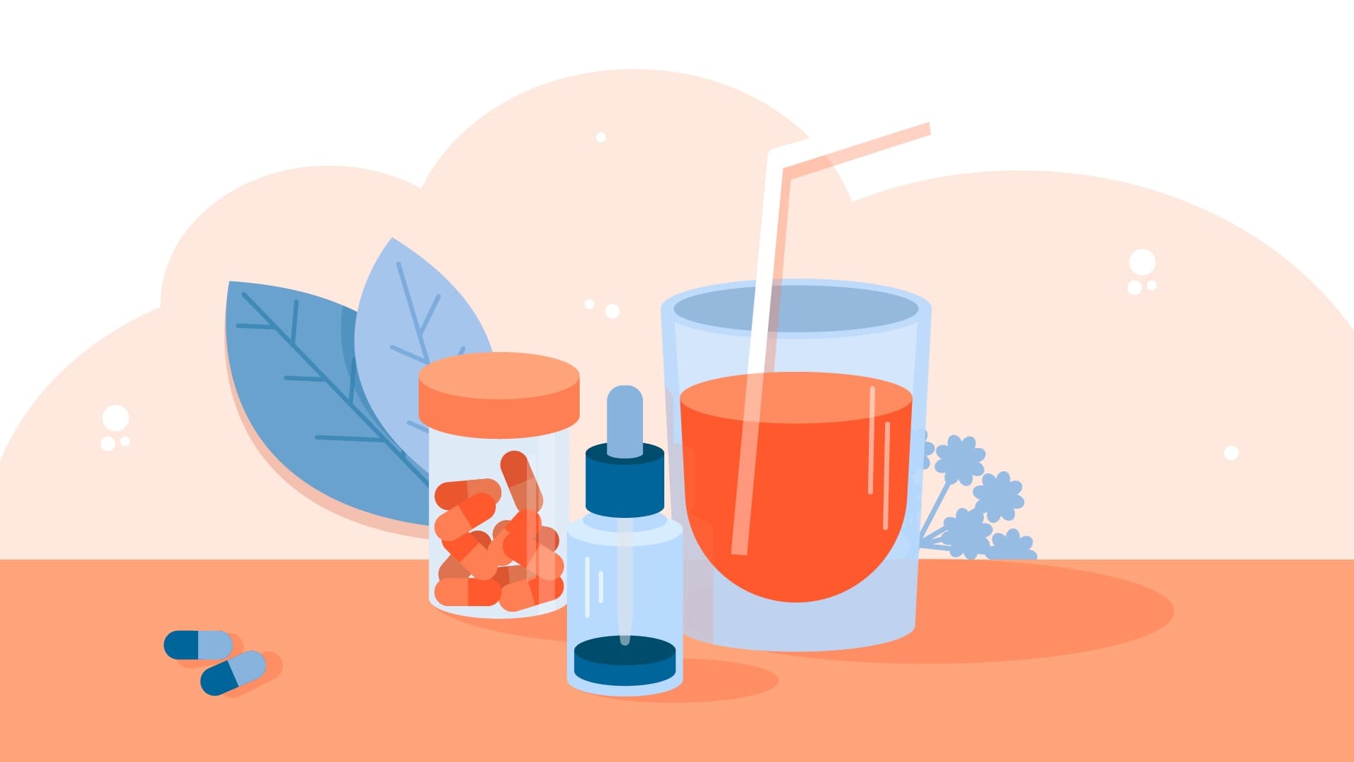 Illustration of probiotics, tea tree oil tinctures, and a glass of cranberry juice.