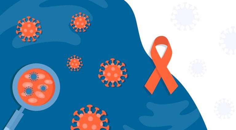 image of hiv virus and orange ribbon