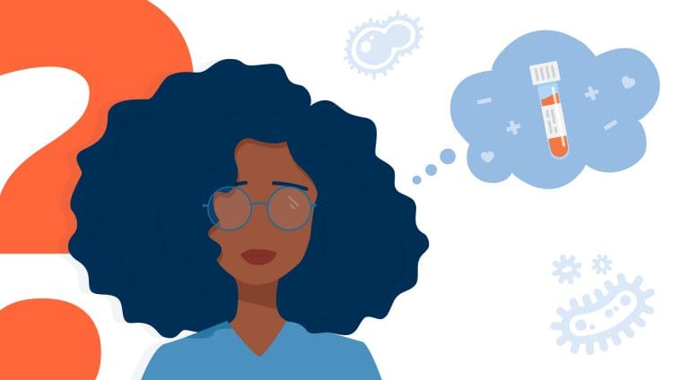 Woman with glasses with thought bubble above her head.