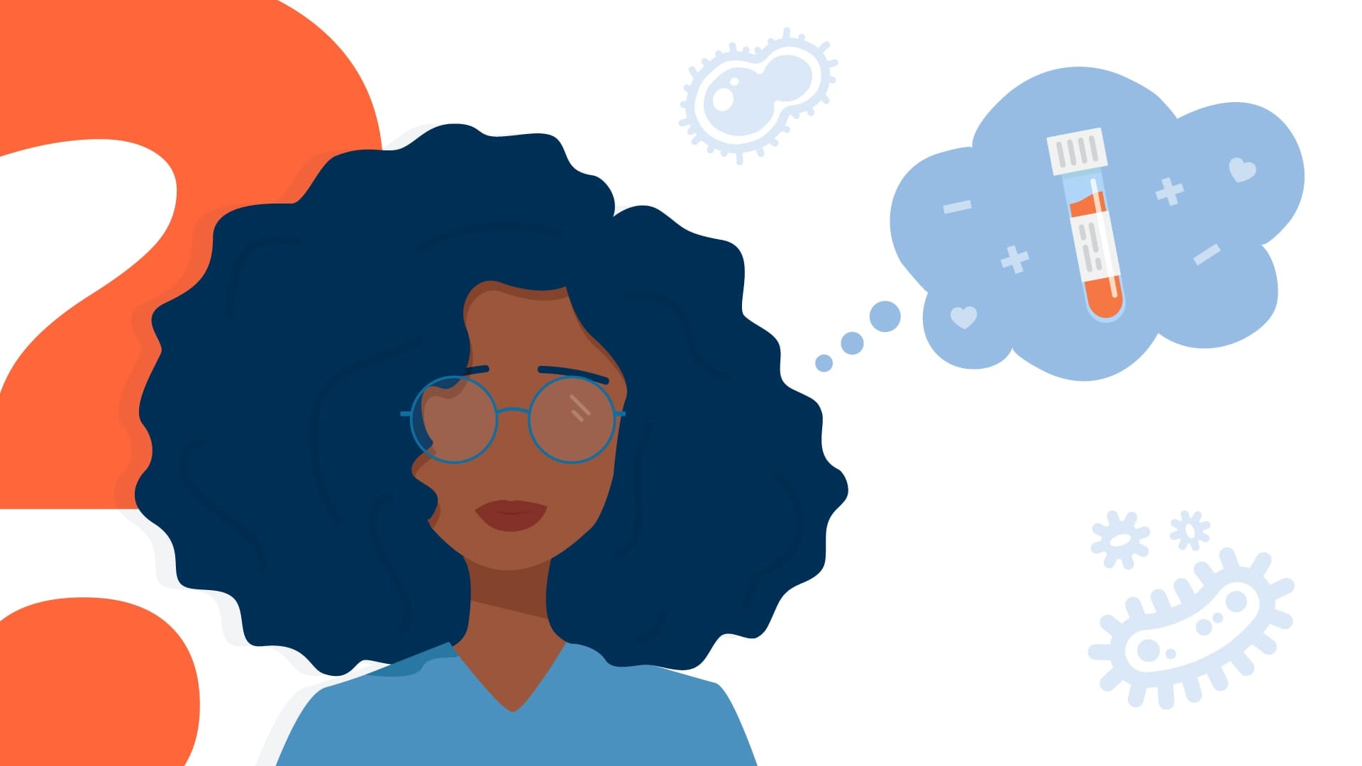 Woman with glasses with thought bubble above her head.