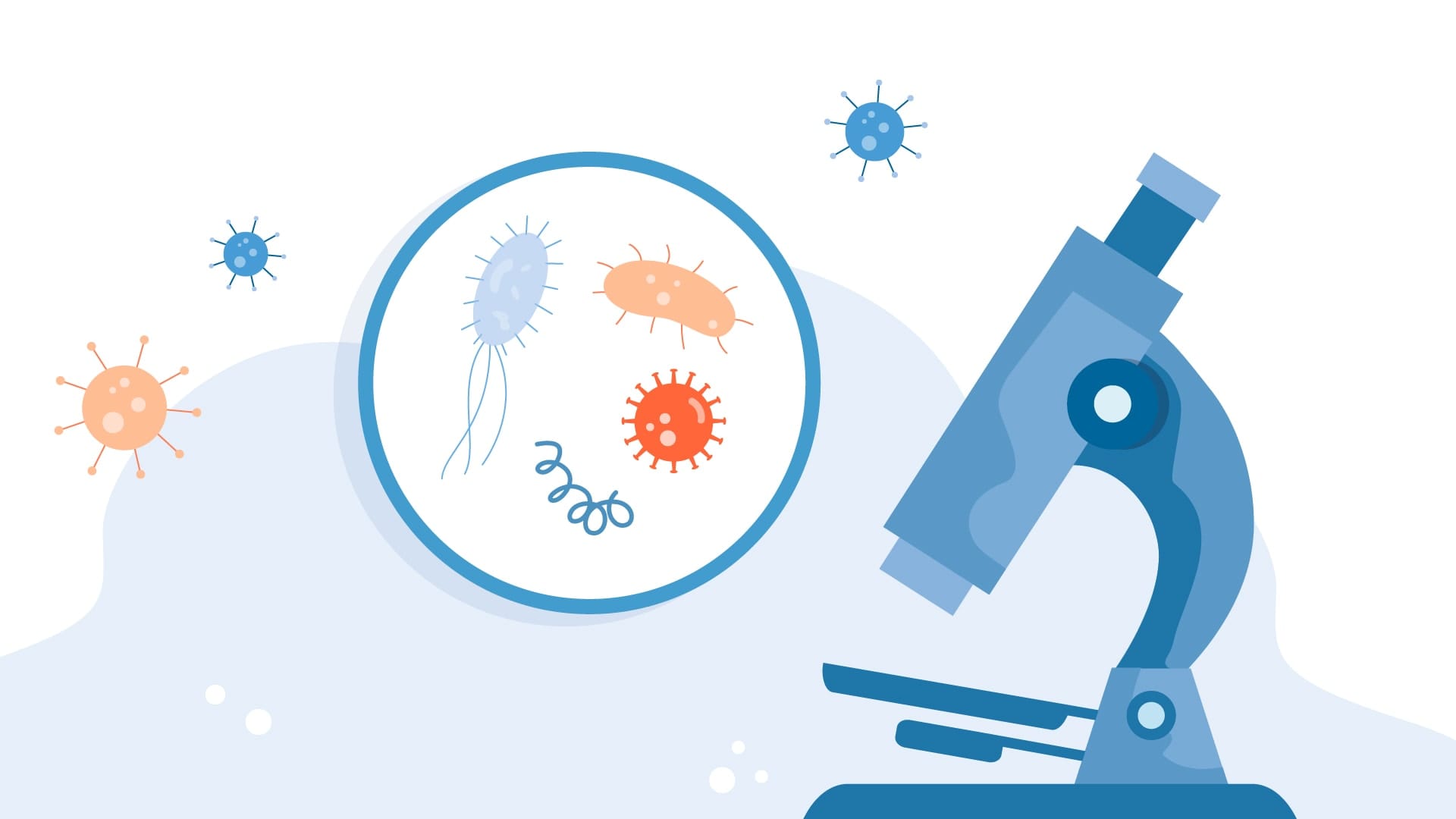 Close up of STD bacteria and viruses next to an illustration of a microscope