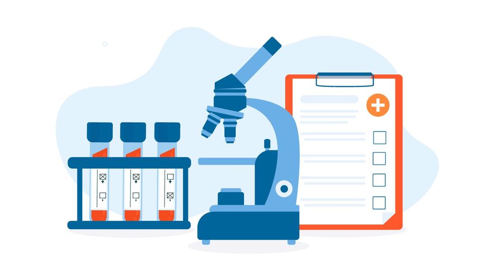 graphic of test tubes, microscope and test results clipboard