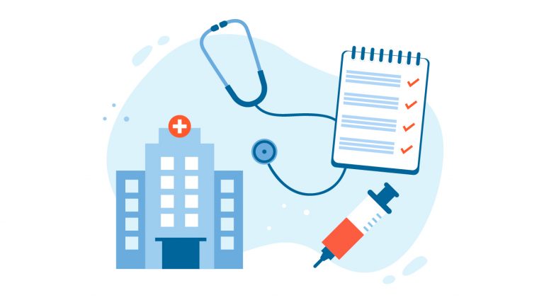 graphic of hospital, stethoscope, clipboard and syringe